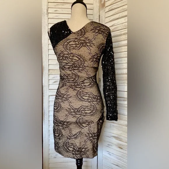 NWT BEBE Addiction Sparkle One Sleeve Lace Dress - Picture 3 of 12